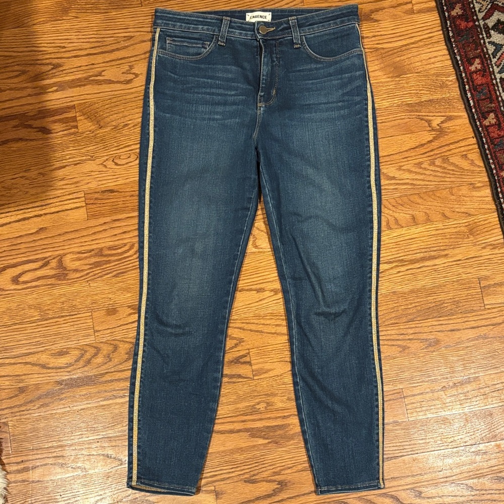 L'AGENCE Margot Dark Wash Skinny Jeans with Gold Stripe